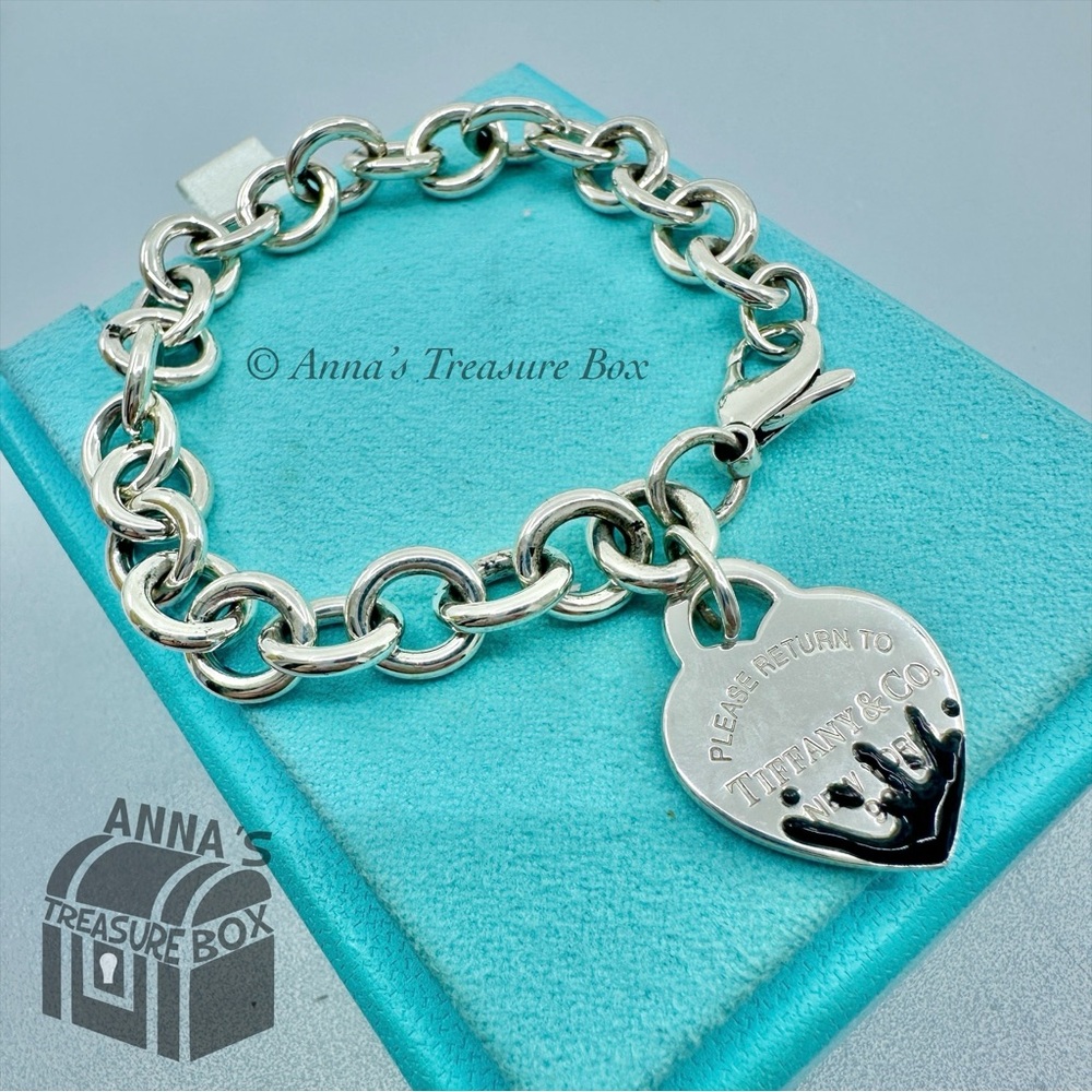 Tiffany & Co. 925 Silver Black Enamel Splash RTT Heart Tag 7.75" Bracelet (bxset